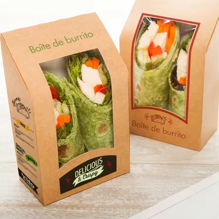 Disposable Paper Packaging Box With Window For Wrap Tacos Sandwich Fast Food
