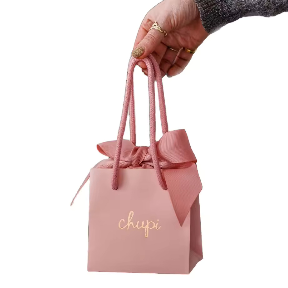 Luxury Ribbon Handle Packaging Paper Bag For Wedding and Thank You Gift